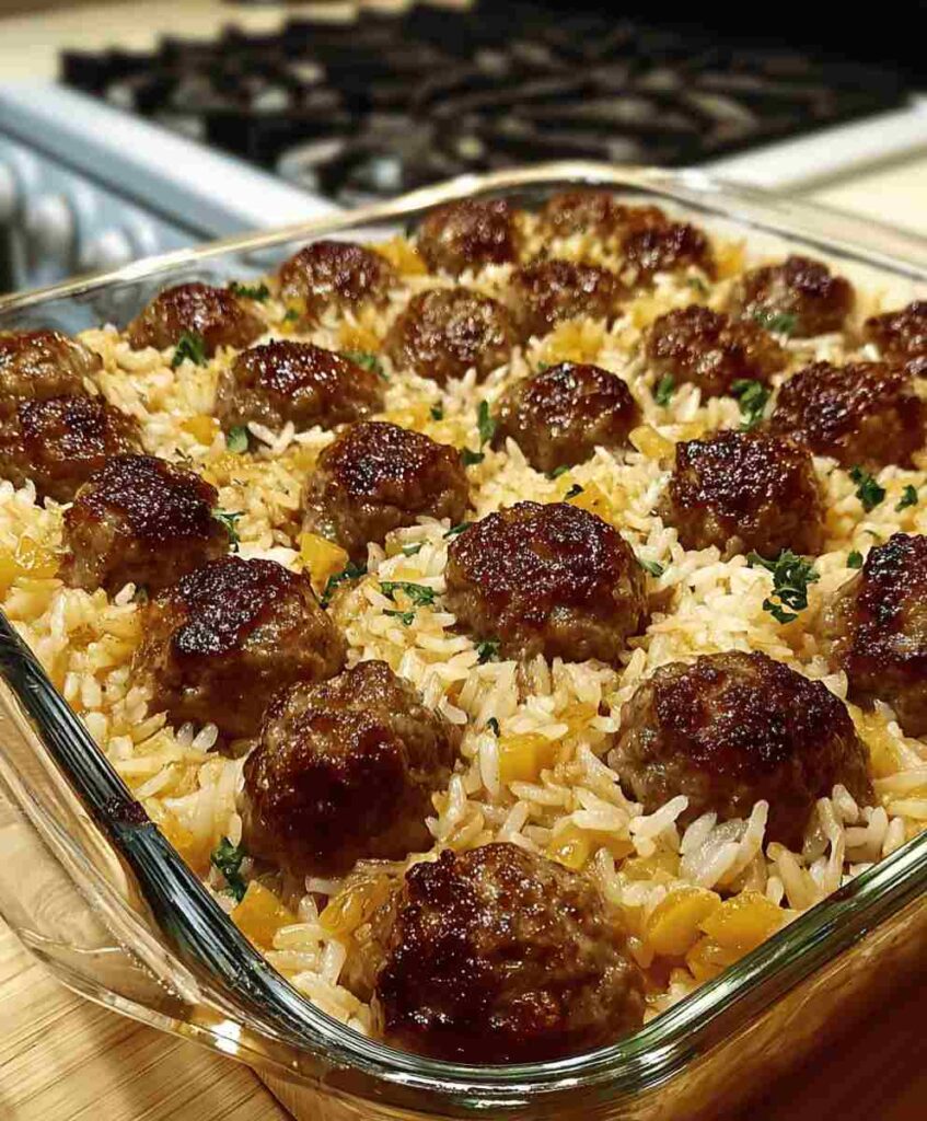 Honey Garlic Meatball Rice Bake