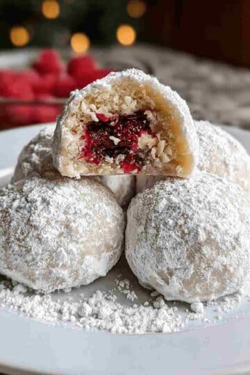 Raspberry Almond Snowball Cookies