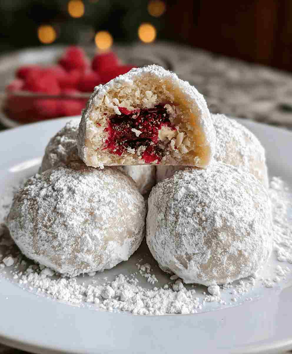 Raspberry Almond Snowball Cookies