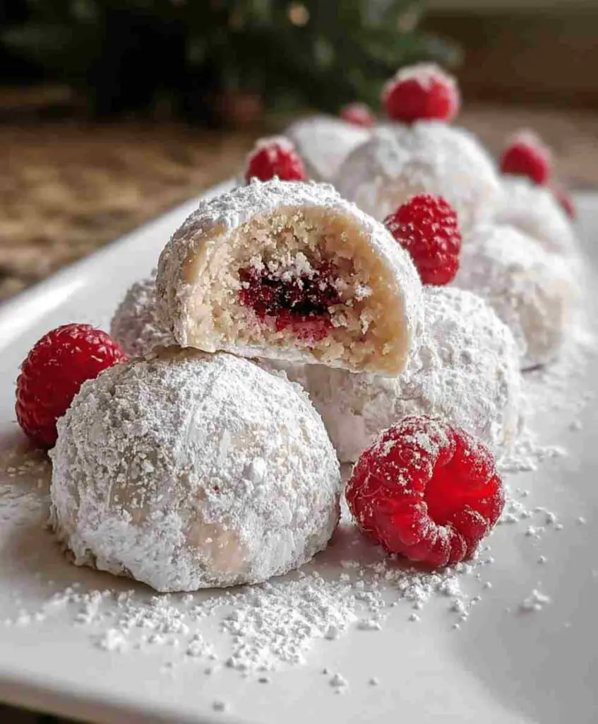 Raspberry Almond Snowball Cookies