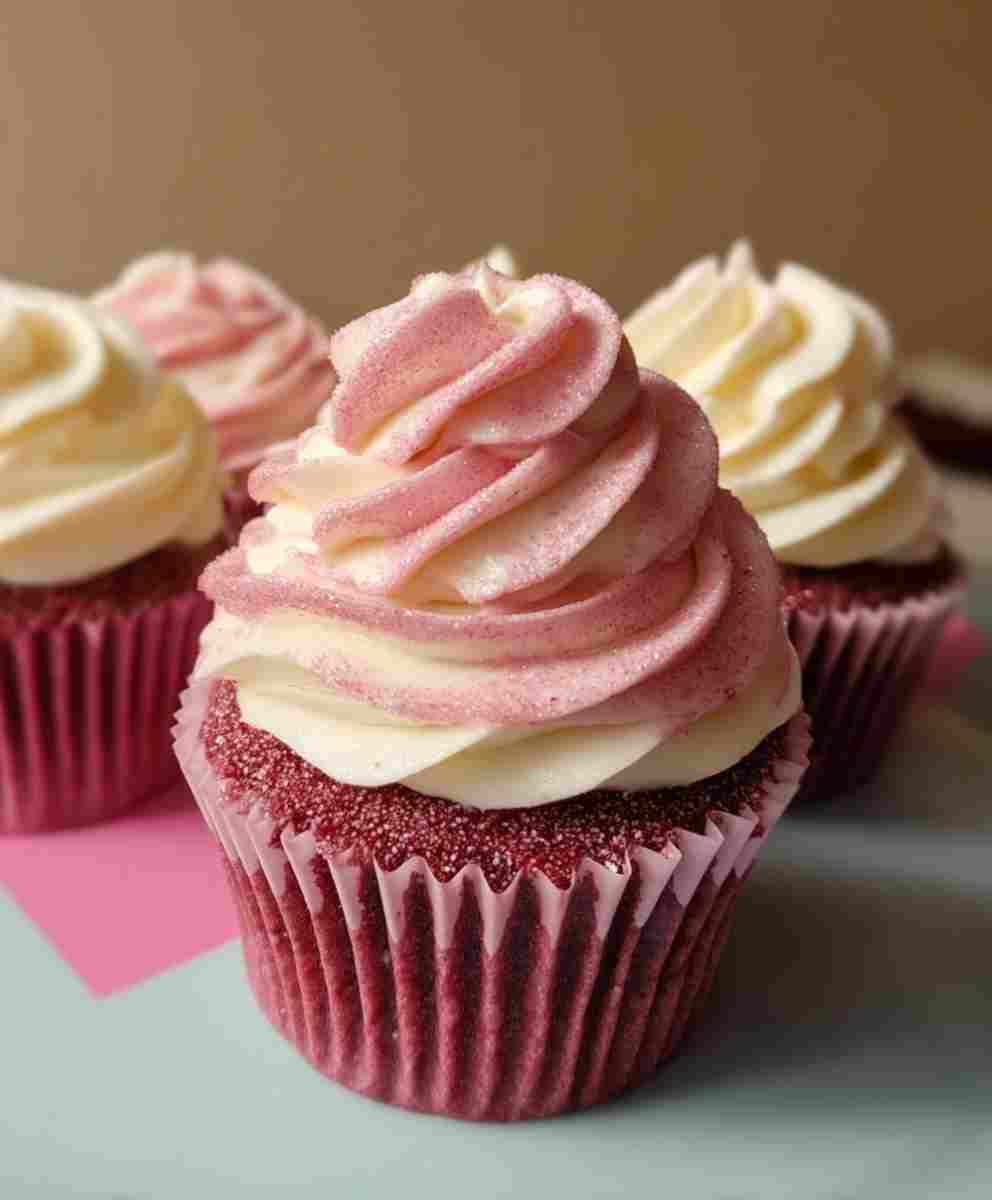 Pink Velvet Cupcakes with Vanilla Buttercream Frosting