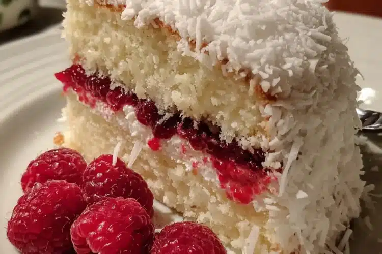 Raspberry Coconut Snowball Cake